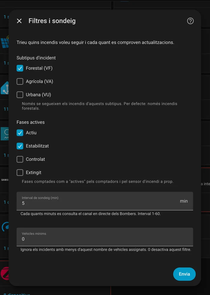 Segon pas del flux de configuració: subtipus d'incident, fases actives i interval de sondeig